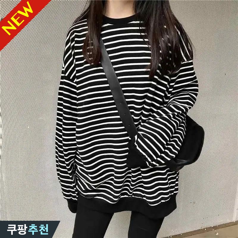 150kg까지 빅사이즈 여성 스트라이프 기모 / 얇은 맨투맨 긴팔티 가을 겨울 편한 날씬해보이는 박스 신상 오버핏 클래식 배색 4xl 5xl 통기성 간절기 베이직 상의 풀오버 16,790원