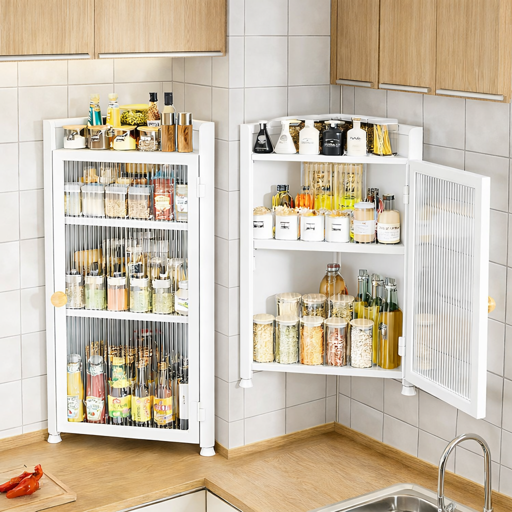 GOOD MOMENT 주방 수납장 카본강 스틸 먼지차단 슬라이딩 도어 조리대 코너 수납, 1개, 화이트 45,900원