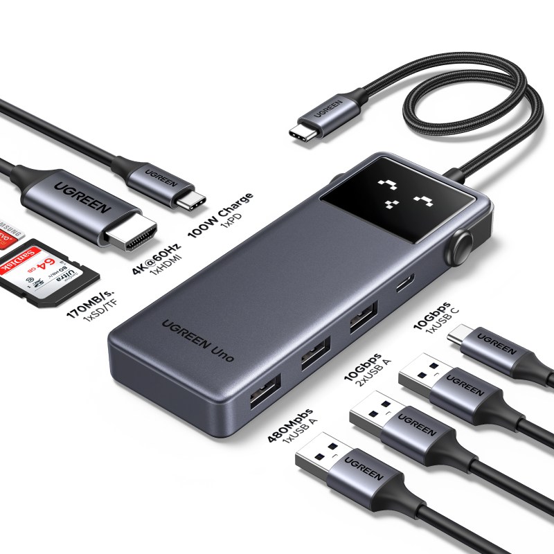 UGREEN 유그린 Uno 8-in-1 4K60Hz c타입 멀티 허브 10Gbps usb 멀티허브 HDMI,A&C타입 USB3.2 포트,SD/TF 카드 슬롯,PD100W 충전, 1개, Grey 41,900원