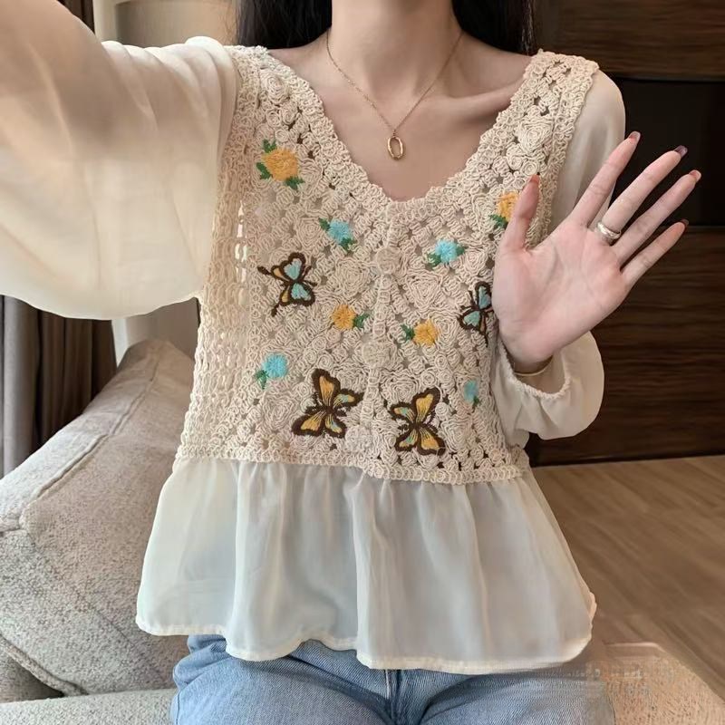 DUOMIHAN여성 블라우스 쉬폰 레이스 브이넥 나비 자수 긴팔 페미닌WZS60313 20,500원