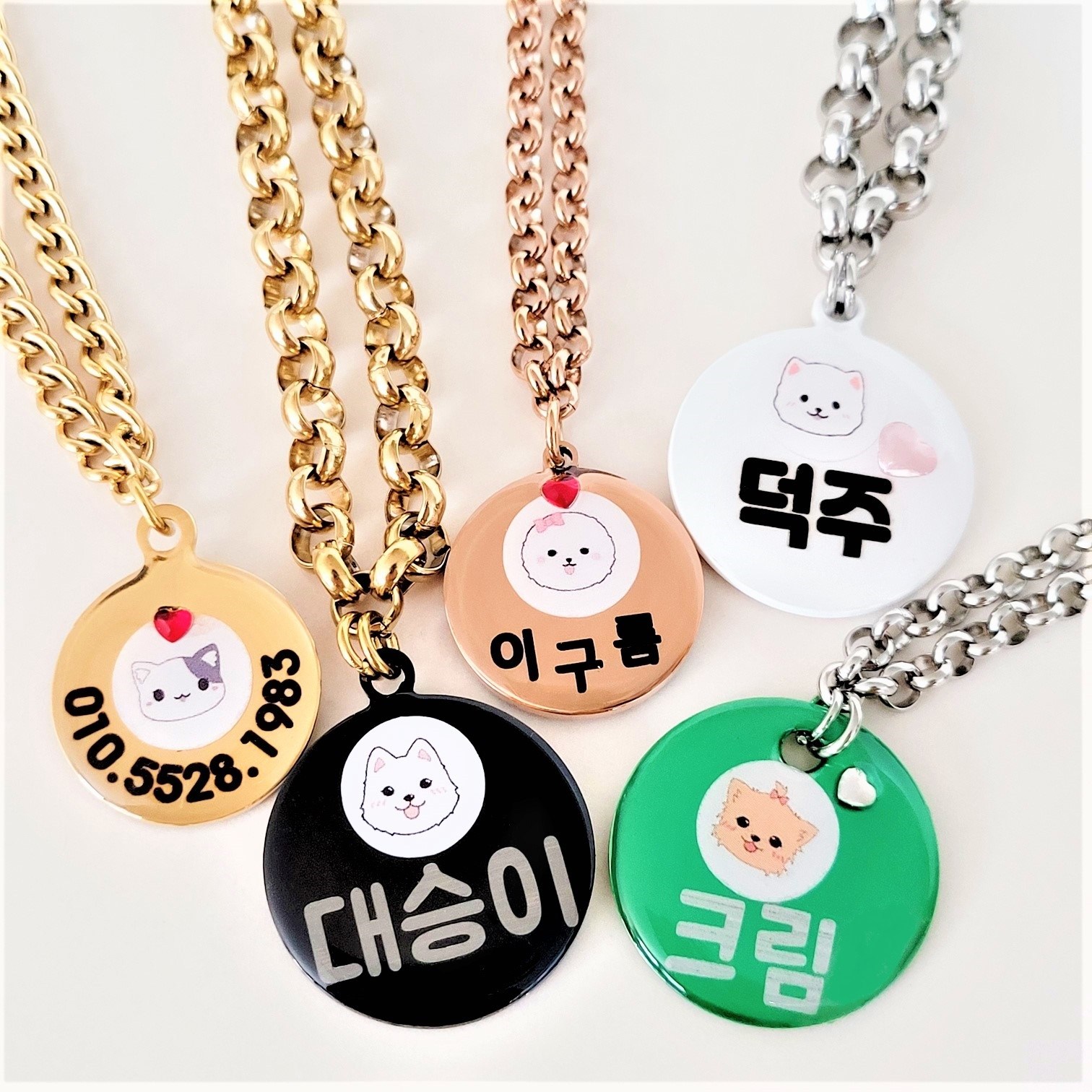 서은이네 애견이름표 목걸이 인식표 강아지고양이 얼굴이모티콘 부착+투명코팅+원형+써지컬스틸체인목줄(5미리폭,7미리폭)-(길이조절가능) 29,000원