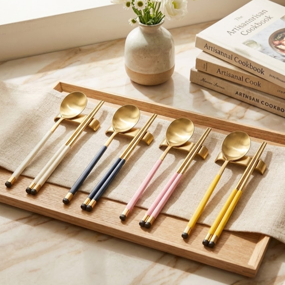 보겐 국산 스퀘어 투톤 골드 수저 + 받침 4인세트, 화이트, 블루, 핑크, 비타민, 1세트, 숟가락 4p + 젓가락 4p + 스텐실버수저받침 4p 79,160원