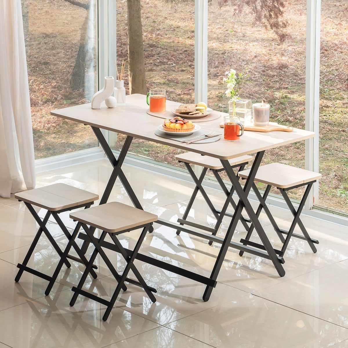 까사마루 오드리 접이식 테이블 1200 + 의자 2개 세트 페브릭베이지, 2인용, 페브릭베이지 99,000원