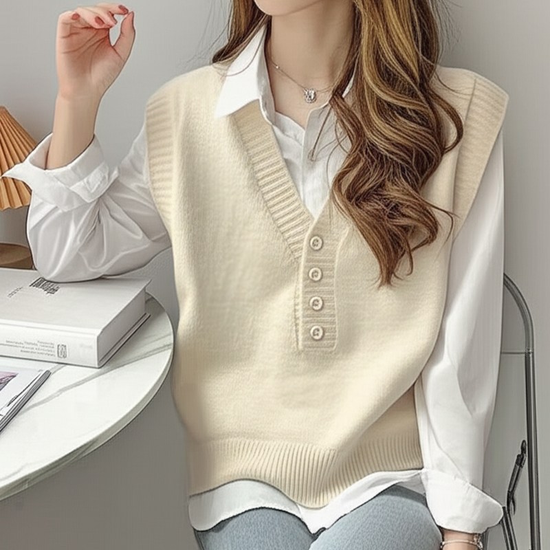 바바 여성 브이넥 반버튼 루즈핏 니트 조끼 13,800원