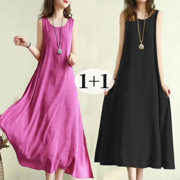 1+1 플레어 민소매 원피스 빅사이즈 비치 바캉스 나시 롱원피스 여름 21,900원