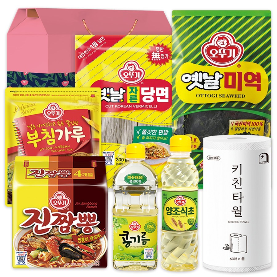 오뚜기 즉석식품 선물세트 9호 분홍상자 (라면 + 부침가루 + 식초 + 콩기름 + 미역 + 당면 + 키친타월) 36,410원