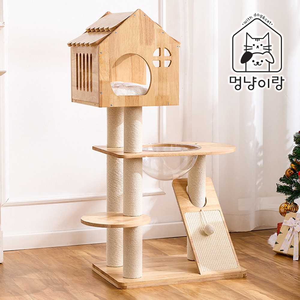 멍냥이랑 원목 캣타워 캣폴 스크래쳐, 1개, 하우스 3단 캣타워, 현재가 132,000원