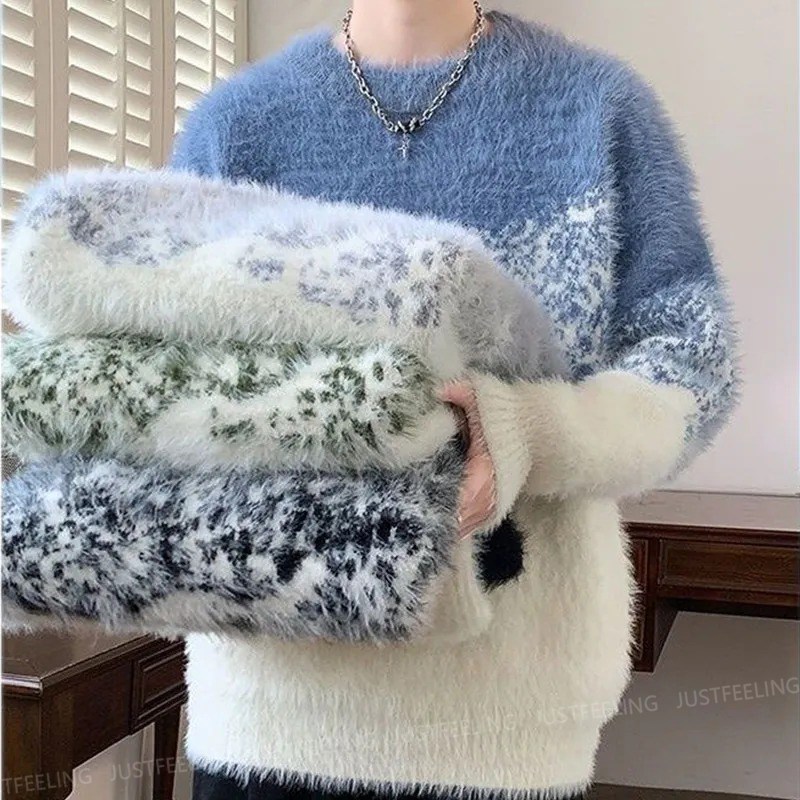 JUSTFEELING M-4XL 빅사이즈 남성 앙고라 긴팔니트티 루즈핏 밍크 스웨터 티셔츠 라운드넥 도톰 보온 트렌드 니트 상의 남성복 19,890원