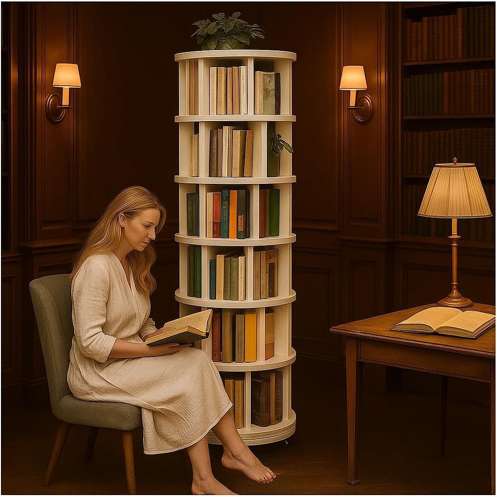 바퀴가 달린 솔리드 우드 회전 책장 6단 원형 360 나무 좁은 롤링 화이트 세로 디스플레이 수납 랙흰색 78인치 H 394,100원