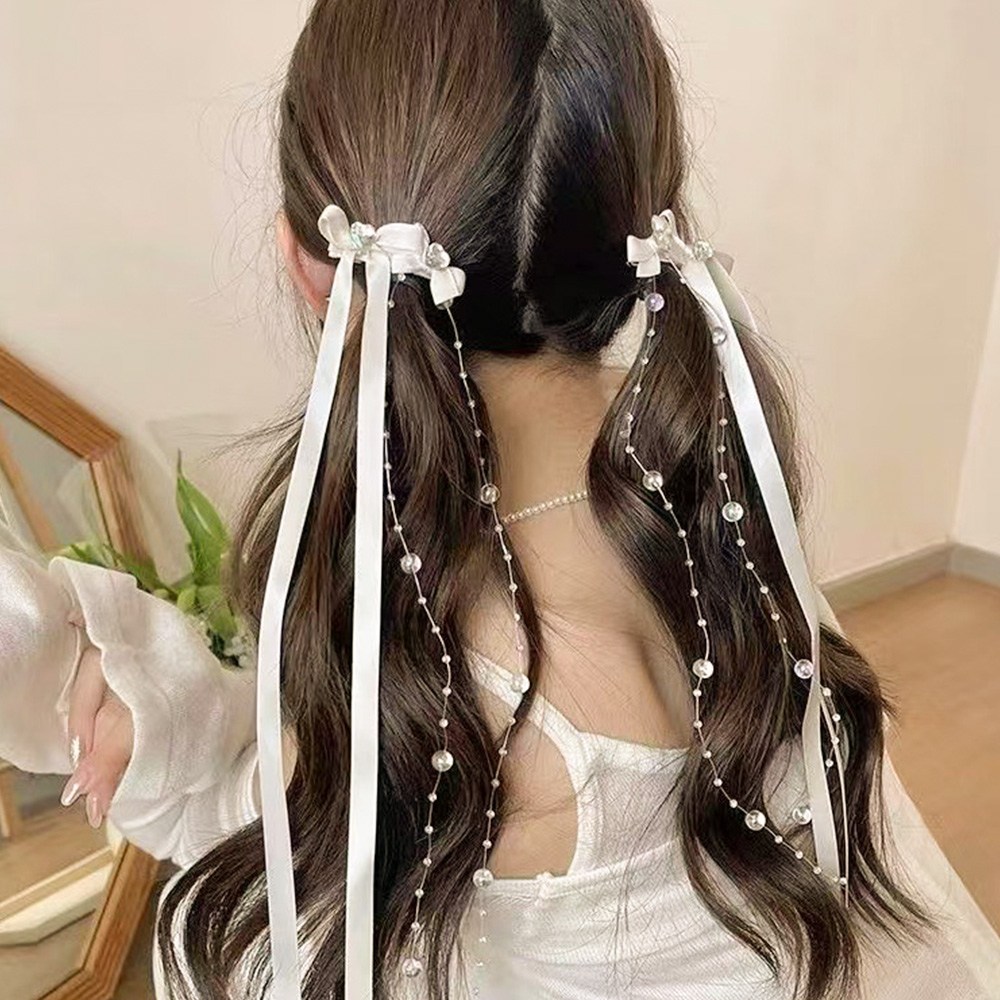 아이루리 방울 방울 진주 롱 리본 집게핀 2개 귀여운 화려한 여아 공주 분위기 12,800원