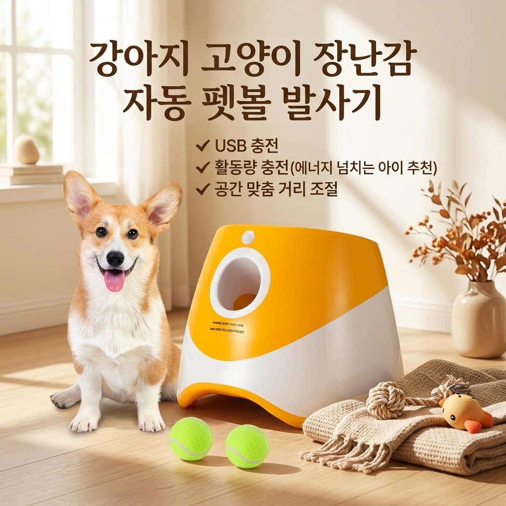 자동 펫볼 발사기 (USB충전) - 강아지 고양이 장난감, 테니스볼 3개 포함, 다양한 거리 설정, 주황색, 1개 68,000원