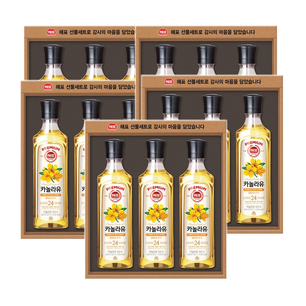 해표사조선물세트 고급유 3호x5개 카놀라유 명절 추석 설 집들이 거래처 고객 답례품 직원, 15개, 500ml 38,000원