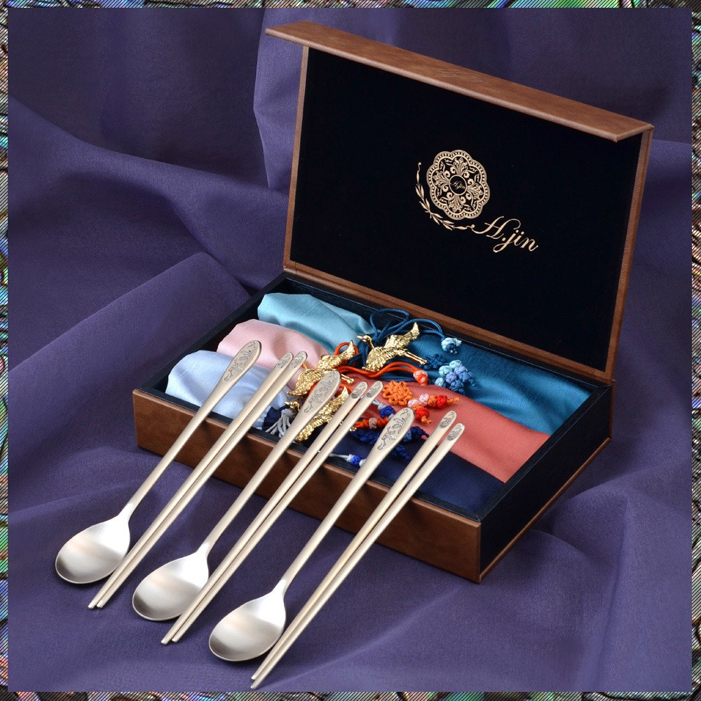 H.JIN 황실쌍학 유기수저3인세트/ 정년퇴직의미있는선물 금수저세트 중국인이좋아하는선물 정년퇴직의미있는선물 10주년기념품추천, 골드, 1세트, 수저세트 169,000원