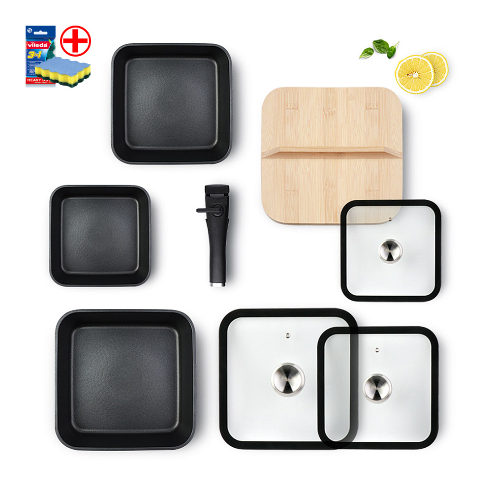 [국산] 탈착식 멀티핸들 스퀘어 인덕션 겸용 프라이팬 웍 8종 세트 + 수세미 122,680원