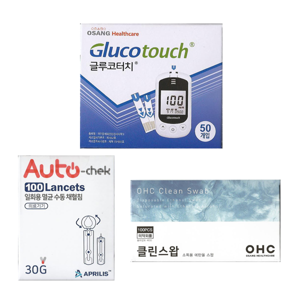 오상헬스케어 글루코터치 혈당시험지 혈당측정검사지 50매+채혈침100개+알콜솜100매 SW 18,900원