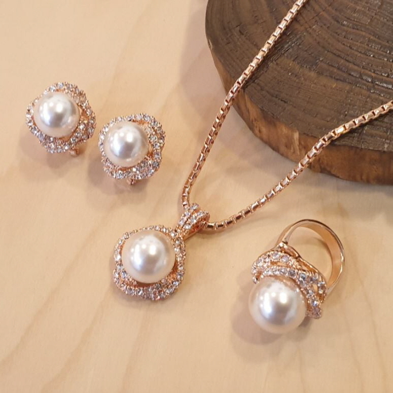 핑크골드 뷰티 플라워 진주귀걸이 목걸이 반지 3종 세트 한복 94,900원