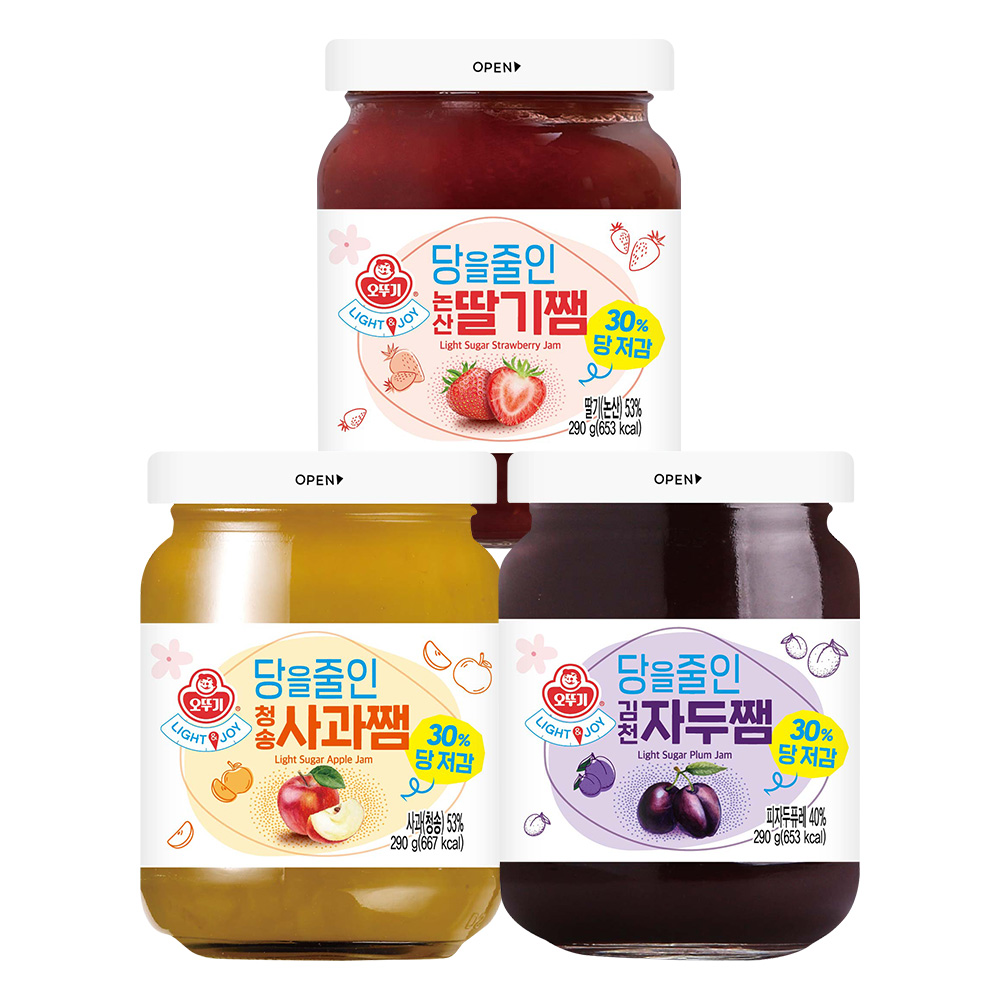 오뚜기 Light&Joy 당을 줄인 논산딸기쨈 290g+청송사과쨈 290g+김천자두쨈 290g, 290g, 3개 12,650원
