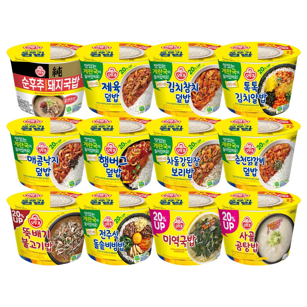 오뚜기 컵밥 12종세트(미역국밥+사골곰탕밥+뚝불+얼큰순후추돼지국밥+톡톡김치알밥+차돌강된장+햄버그덮밥+김치참치+제육덮밥+춘천닭갈비+매콤낙지+돌솥비빔), 단품 34,900원