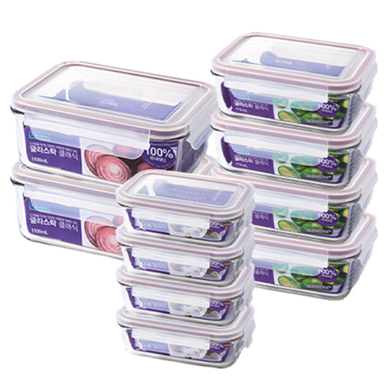 글라스락 유리 밀폐용기 직사각 반찬통 10조 세트 34,900원