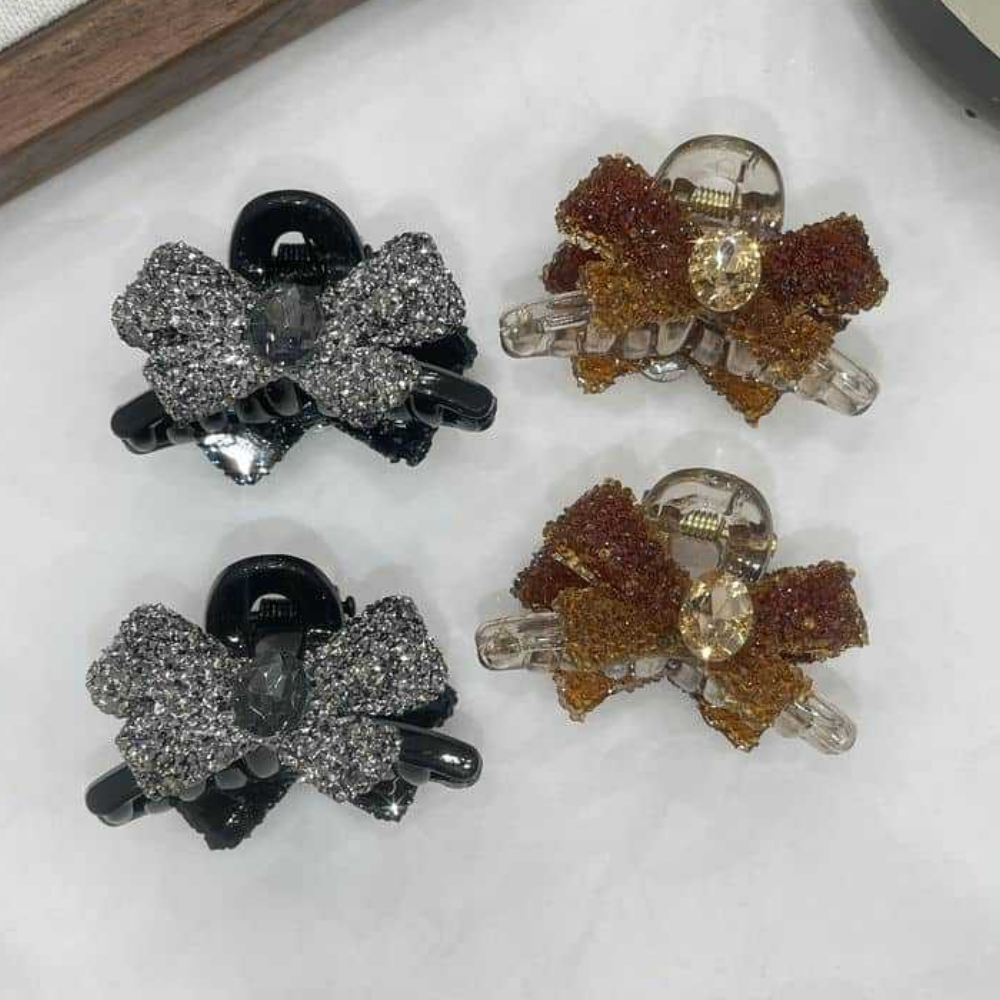 [4P세트] 채로스 미니 리본 큐빅 헤어 집게핀 앞머리 머리핀 블랙2P+브라운2P 8,900원