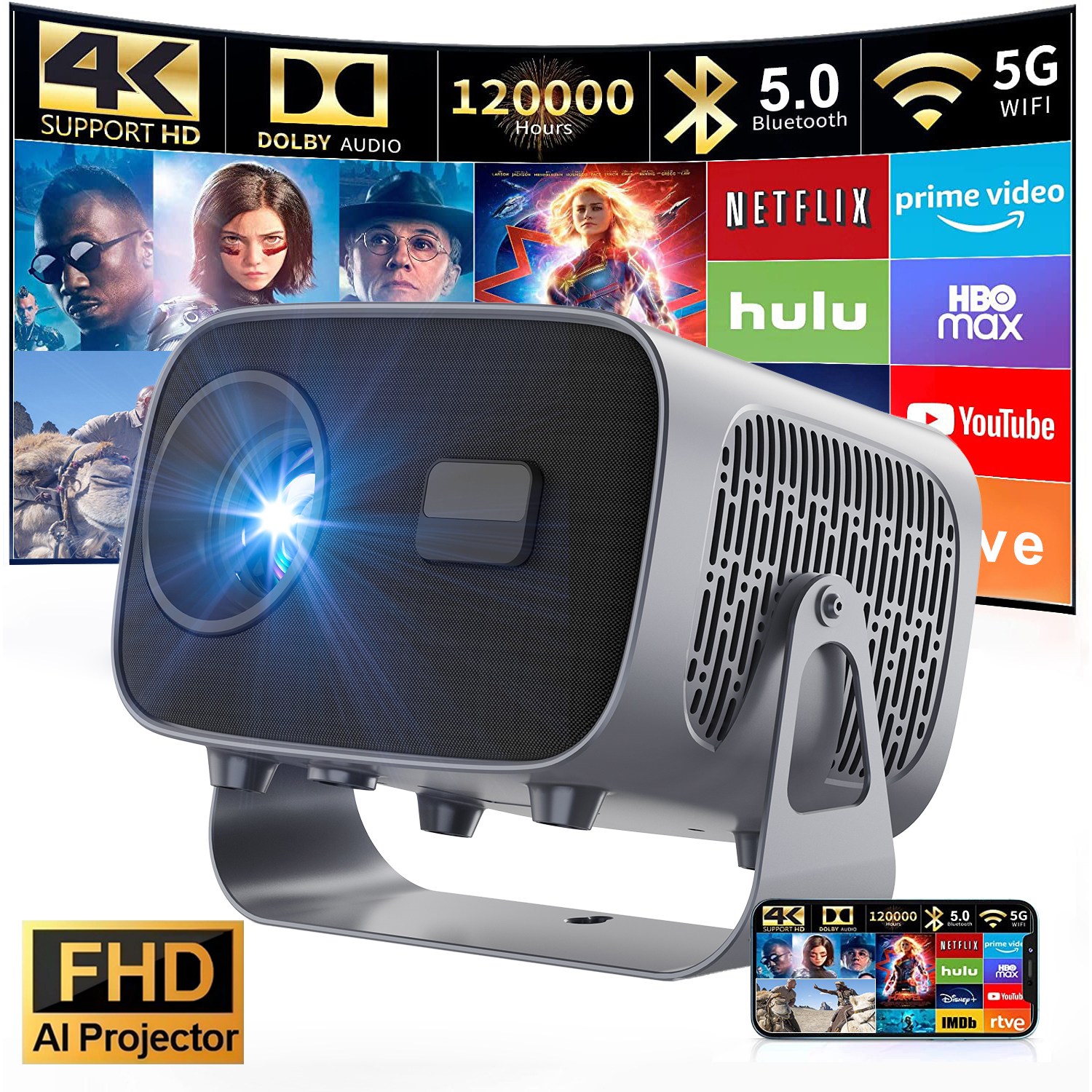 TOPRIO 빔프로젝터 4K 영상 입력 지원 WiFi6 블루투스5.0 초고해상도 자동 키스톤 가정용 캠핑용 휴대용 119,800원