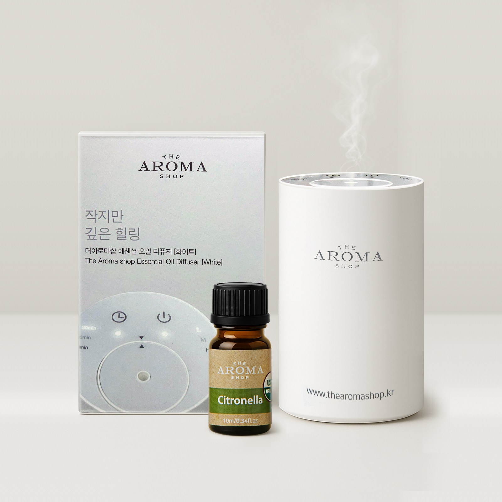 [전자 디퓨저+에센셜오일 1종] 네뷸라이징 실내 차량용 방향제 / C타입 USB 충전식 무선 아로마 디퓨저 세트 / 자동분사 더아로마샵, 1개, 10ml, 전자디퓨저(화이트)+오가닉 시트로넬라 10ml 49,000원