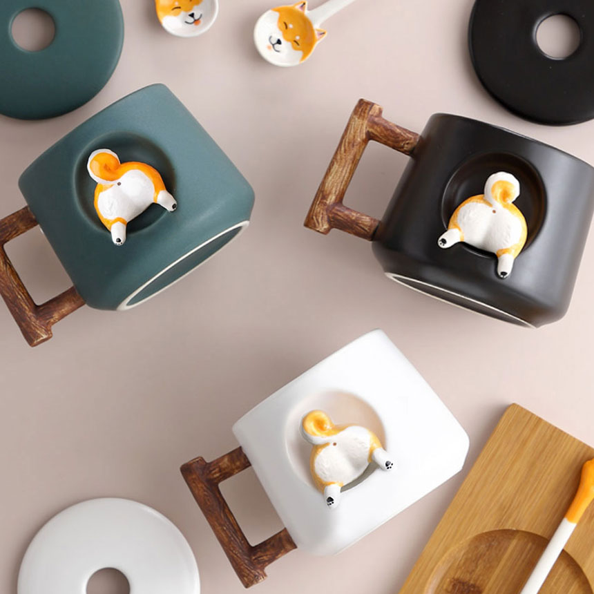 [귀여운 강아지 머그컵] 홈카페 감성 도자기 머그잔 (특이한 커피잔+머그 컵 뚜껑 세트) 20,790원