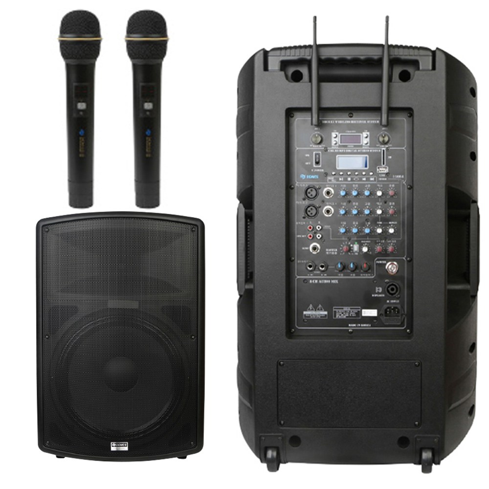 데닉스 이동식 포터블 앰프스피커 DY-1560W 15" 500W 국산 버스킹 강연 색소폰 연주용 900메가 무선마이크 2개, SM 1,500,000원