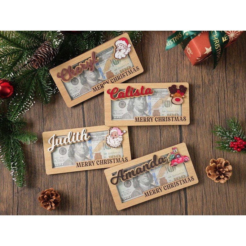 크리스마스 맞춤 제작 우드 머니홀더 - 루돌프&산타 캐릭터 현금 카드 홀더 | 가족용 크리스마스 선물, 1개, 우드 35,600원