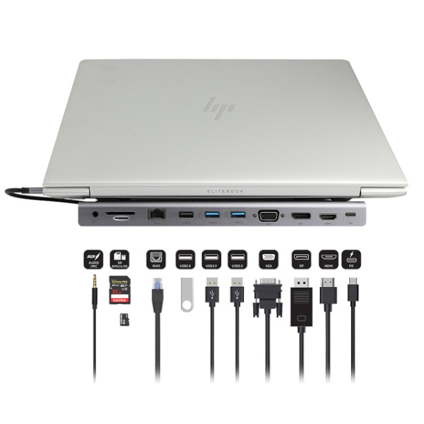 노트북 C타입연결 멀티허브 AUX PD충전 HDMI DP포트 VGA USB3.0 2포트 유선랜카드 마이크로SD 메모리리더기 도킹스테이션 모니터확장 복제 120,000원
