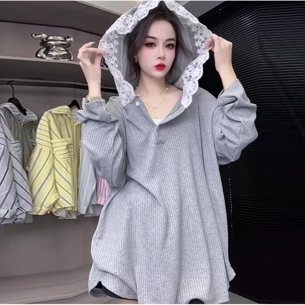 여성 오버사이즈 하프기장 레이스 후드 긴팔티 봄가을 루즈핏 긴팔 후드 맨투맨 티셔츠 23,900원