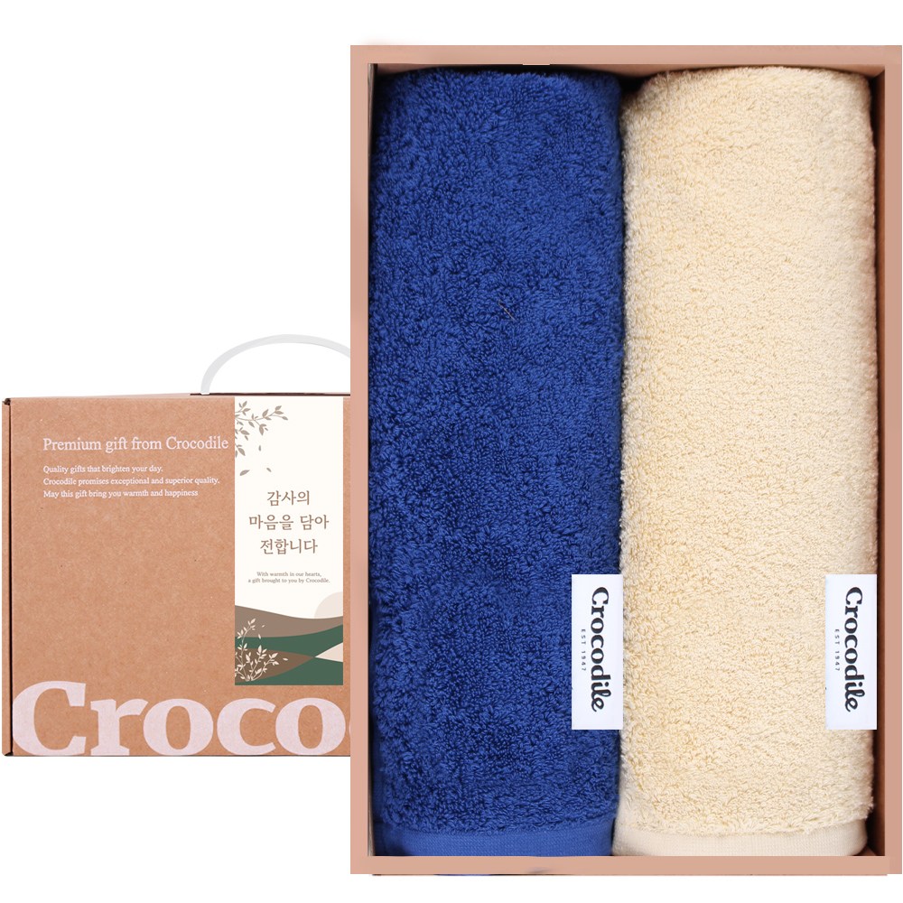 크로커다일 감사타올 명절 답례 코마사 40수 프리미엄 220g 수건 2장 세트, 1세트, 블루+베이지 22,800원