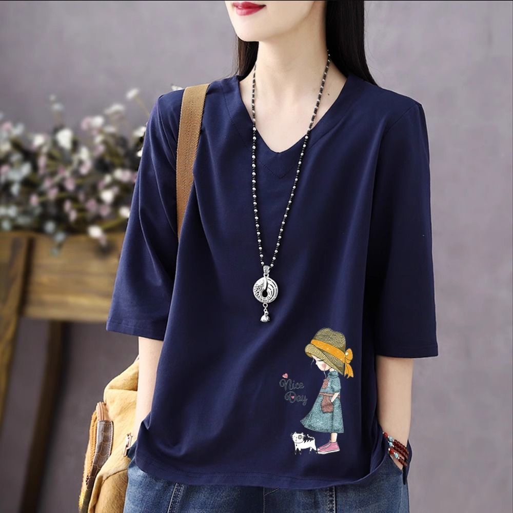 COSYEVNO 중년 여성 여름 빅사이즈 패션 루즈핏 브이넥 프린트 7부 소매 상의 엄마옷 19,000원