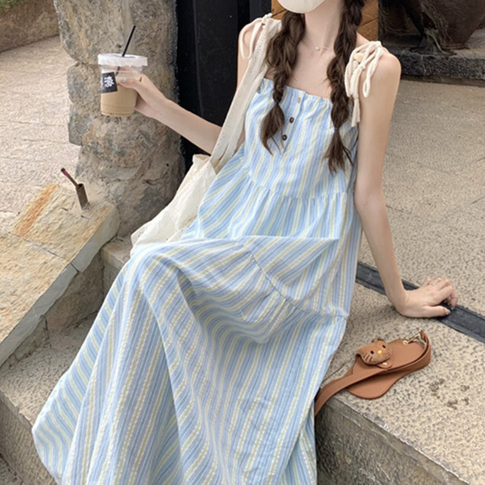 더시럽 여성용 세로 스트라이프 밑단 레이스 롱 원피스 28,680원