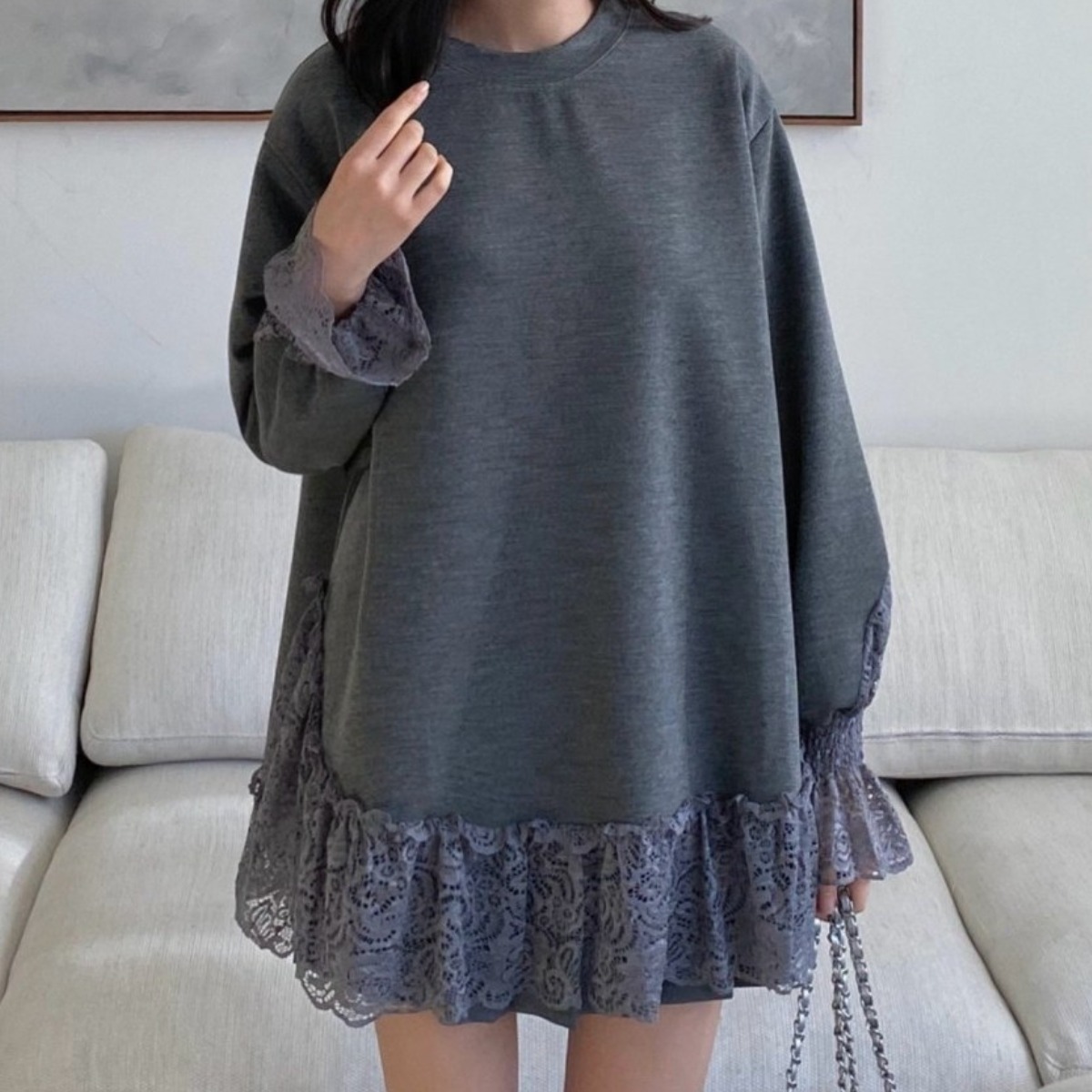 여성 빅사이즈 레이스 맨투맨 롱티셔츠 원피스 39,900원