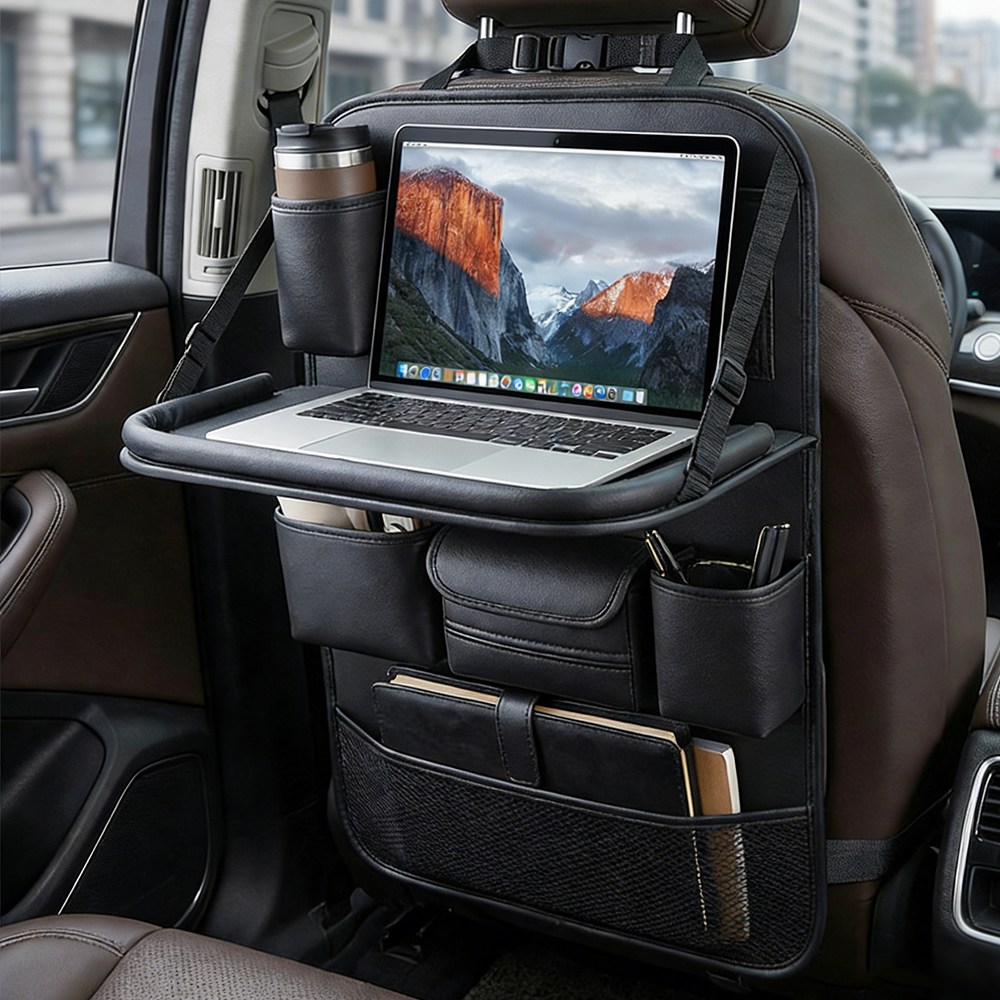 C.partner 자동차 뒷좌석 수납 테이블 차량용 가죽 접이 테이블 다용도 차량용품 수납 포켓 태블릿 PC 거치대 손자국 방지, 검은색, 1개 34,800원
