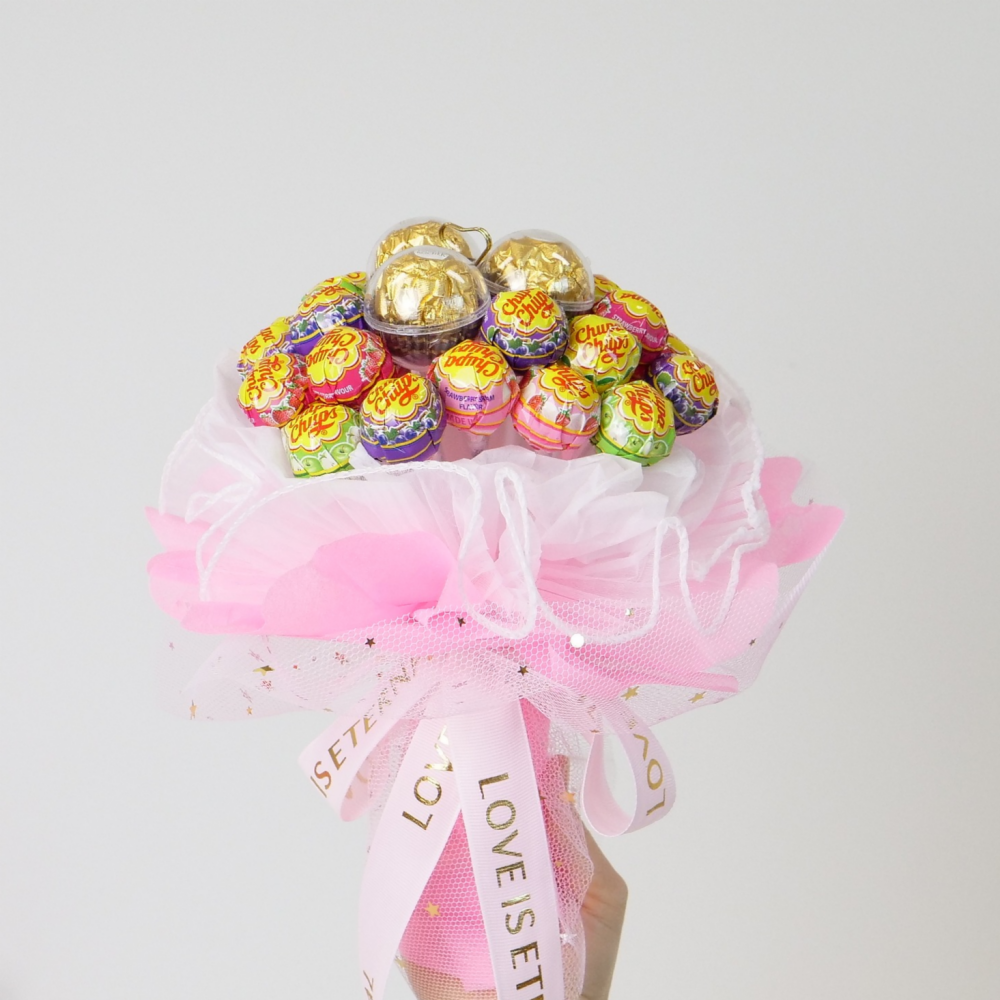 아바노 사탕 부케 꽃다발 츄파츕스 25개 페레로로쉐 3개 응원피켓, 핑크 28,500원