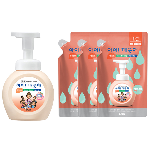 아이깨끗해 유아 손 세정제 복숭아향 본품 250ml 1개+ 리필 200ml x4 세트, 1개 18,100원