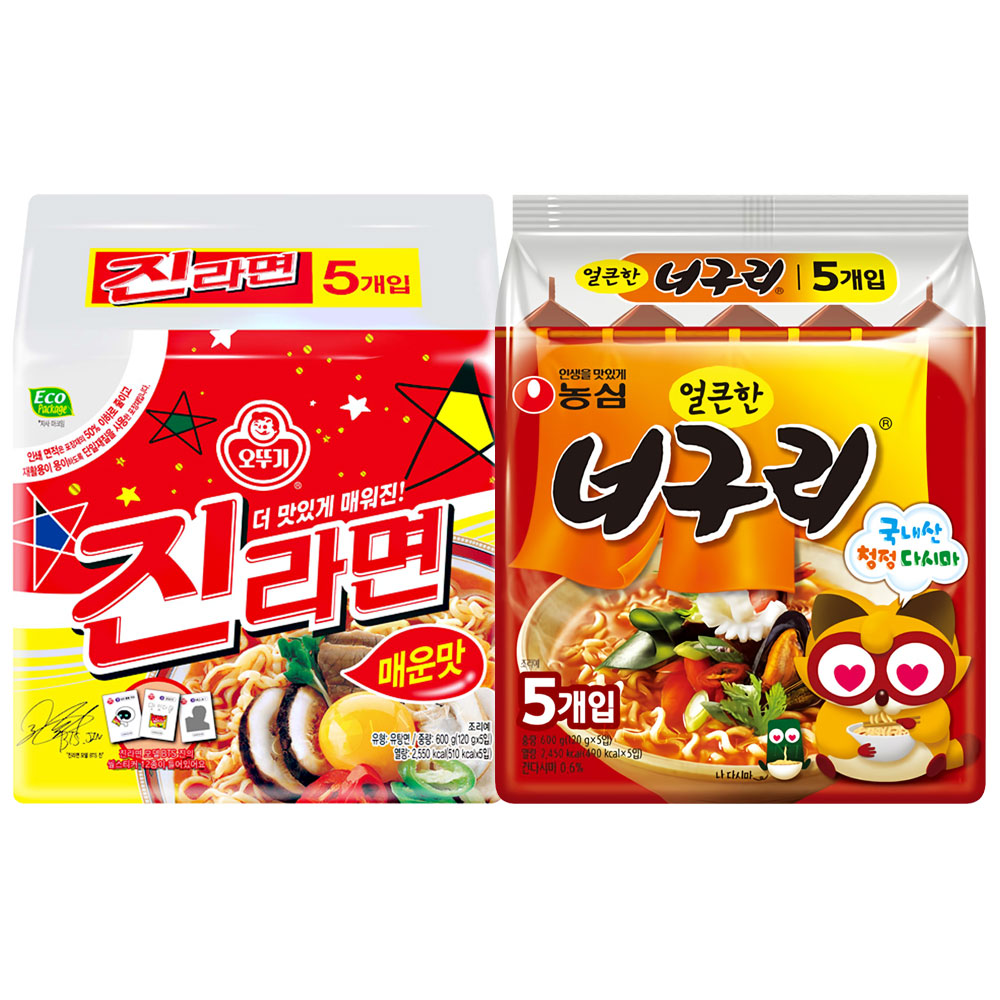 봉지)농심너구리얼큰한맛 5개 + 오뚜기진라면매운맛 5개, 1개 10,420원