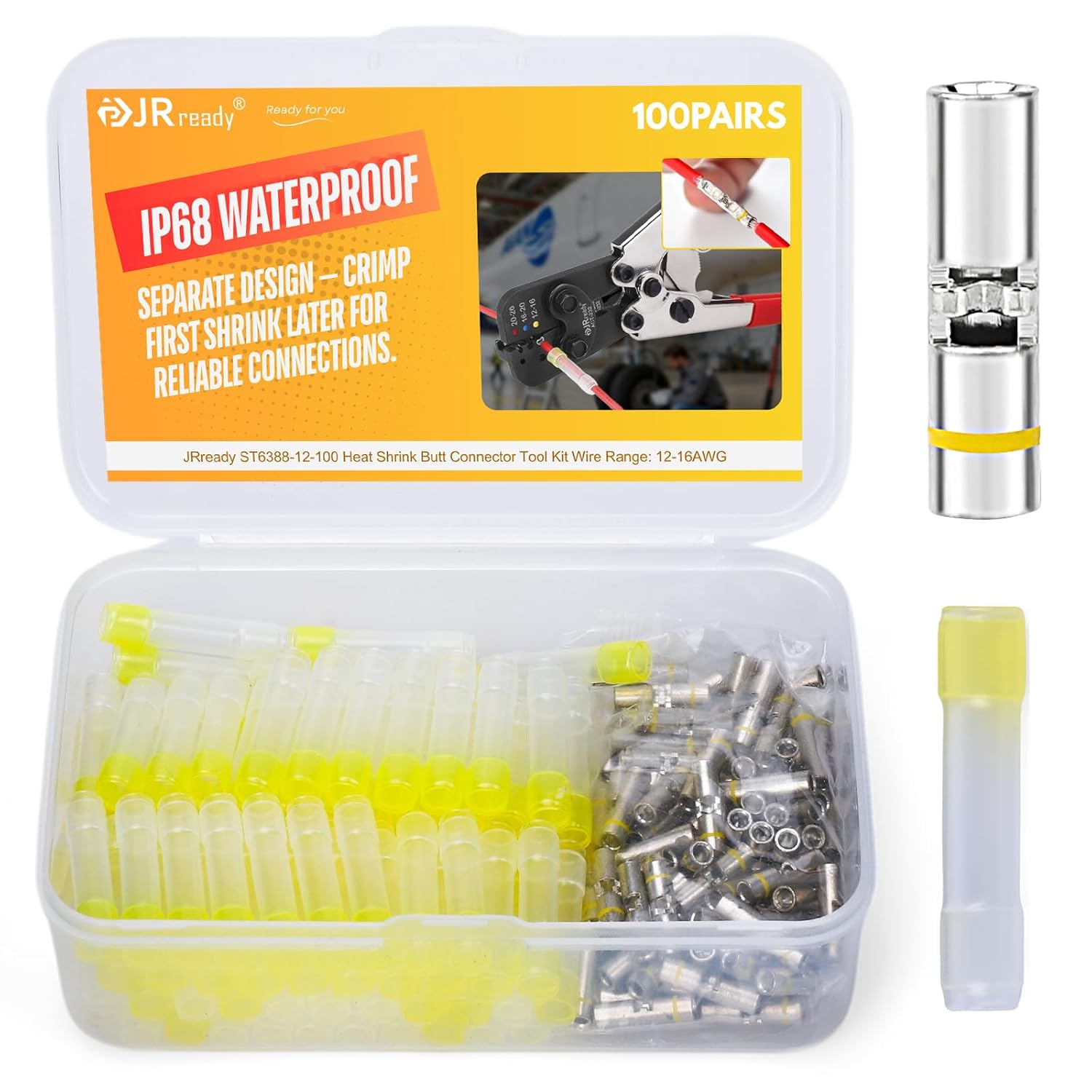JRready 100세트 IP68 방수 열수축 버트 커넥터 16-12AWG 전선 커넥터 미니씰, 주석 도금 구리, PE 열수축 튜브 ST6388-12-100, 1개 49,400원