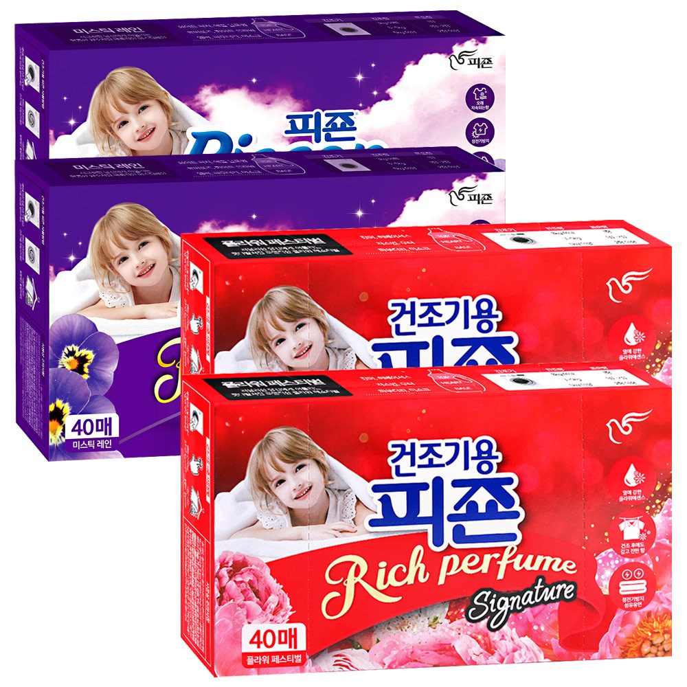 피죤 건조기용 시트섬유유연제40매(미스틱레인2개+플라워페스티벌2개) 17,980원