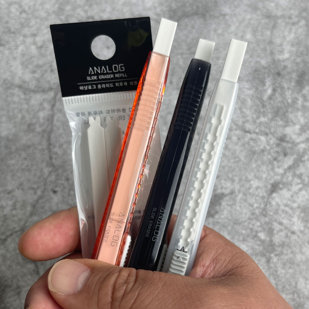 아날로그 슬라이딩 지우개 PVC프리 샤프식 슬라이드 더스트프리 리필 잘지워지는, 지우개 블랙, 1개 1,750원