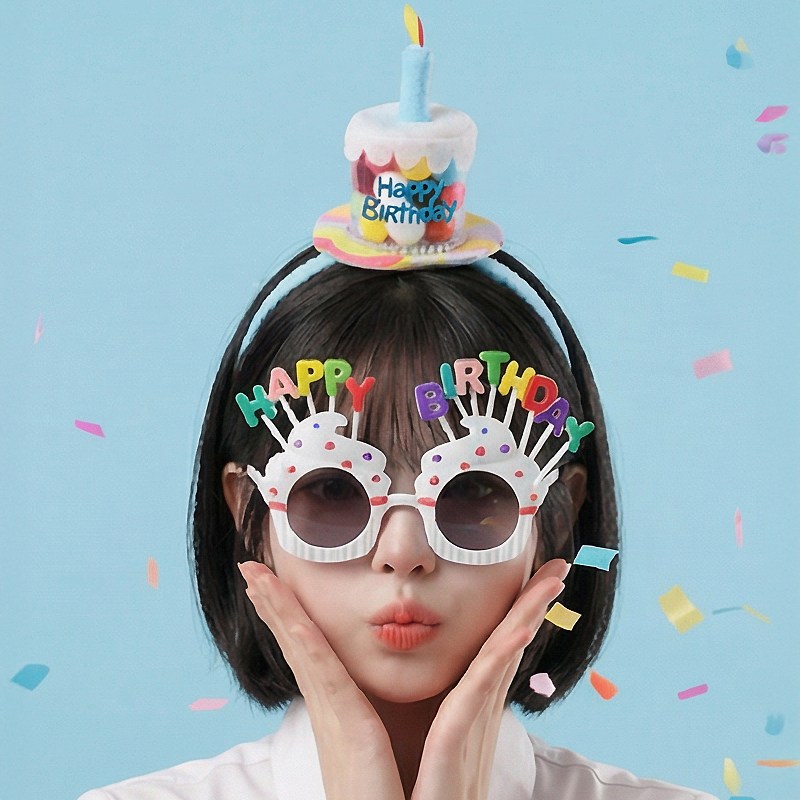 키치셀럽 인생샷 생일파티 꼬깔 왕관 머리띠 킹받는 파티선글라스 생일축하 세트, 1세트, 컵케이크_스카이 9,860원