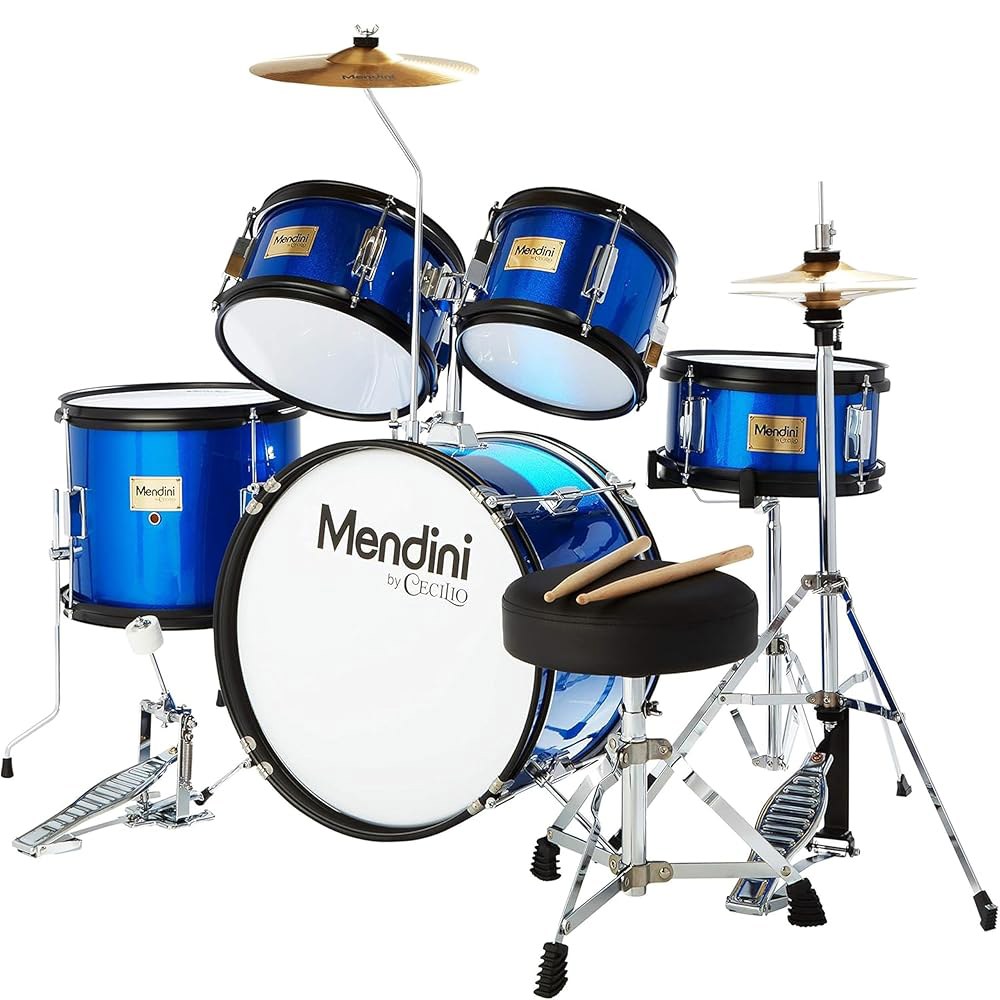 멘디니, 세실리오 드럼 세트, 베이스, 톰스, 스네어 드럼, 심벌, 하이햇, 드럼스틱 및 초보자를 위한 시트가 포함된 5피스 16인치 주니어 키트(메탈릭 블루) 551,000원