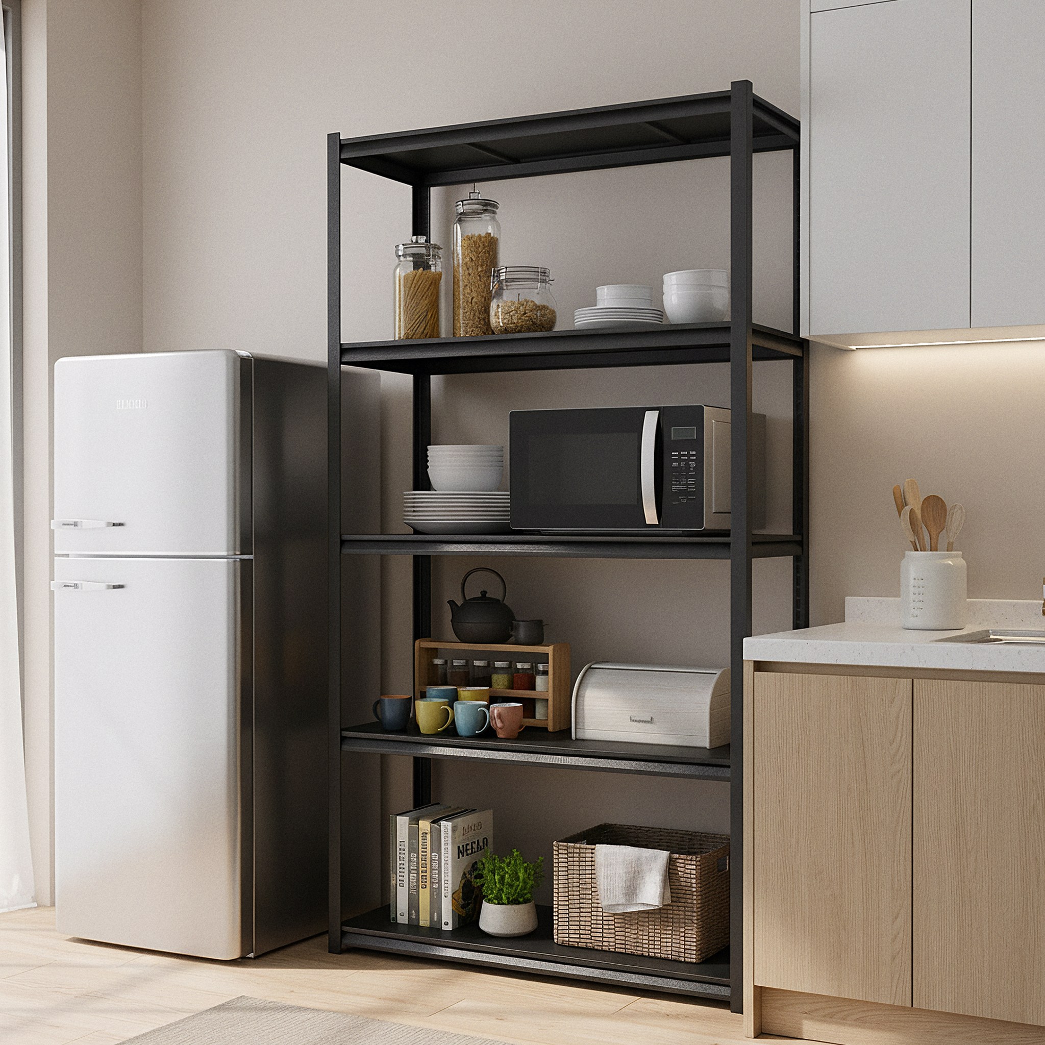 체인지업 5단 철제선반 주방 수납장 전자레인지 선반 베란다선반 조립식 다용도 정리 수납 진열, 5단, 검정 63,340원