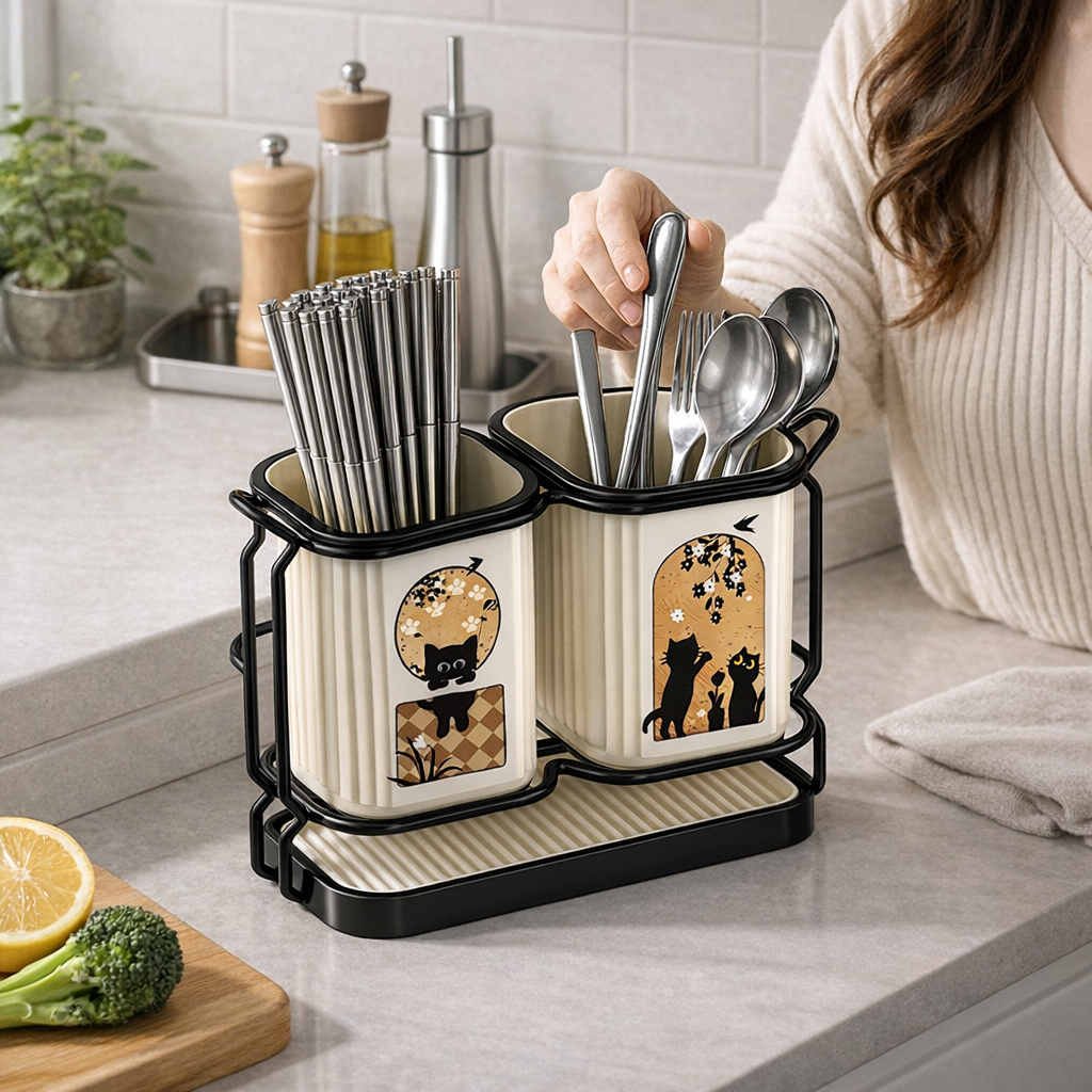 딜하우스 분리형 물빠짐 다용도 수저통, 1세트, 화이트 13,200원