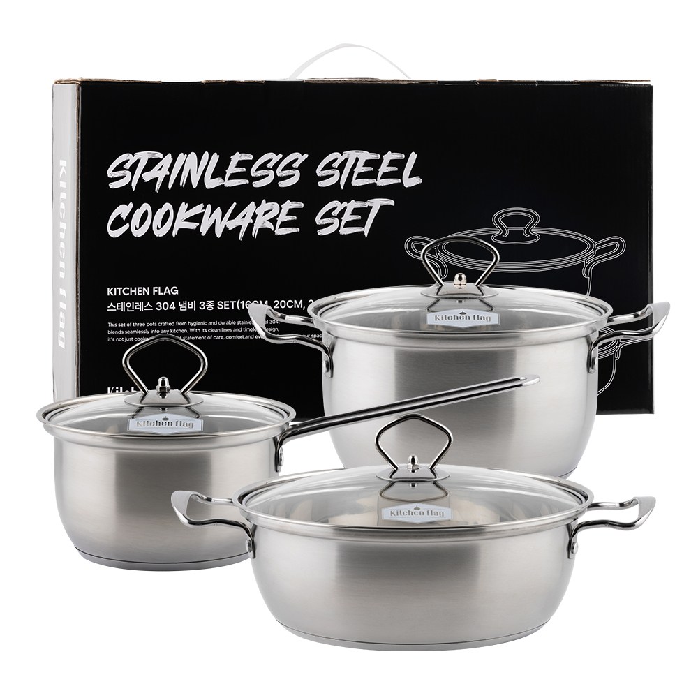 [키친플래그] 스테인레스 304 냄비 3개 세트 (16편수+20양수+24양수), 스테인리스, 1세트, 16편수+20양수+24양수 35,000원