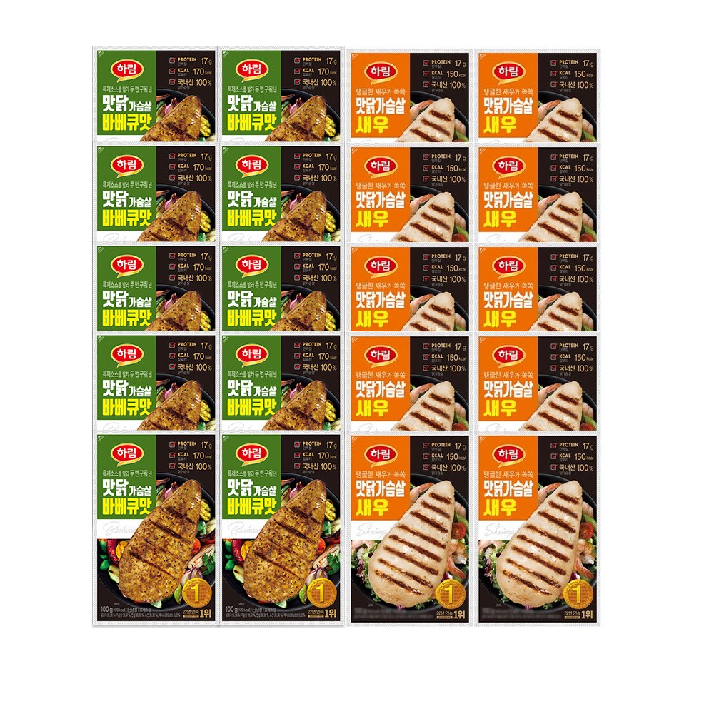 하림 맛닭 닭가슴살 100g 바베큐맛 10개 + 맛닭 새우맛 10개 39,900원