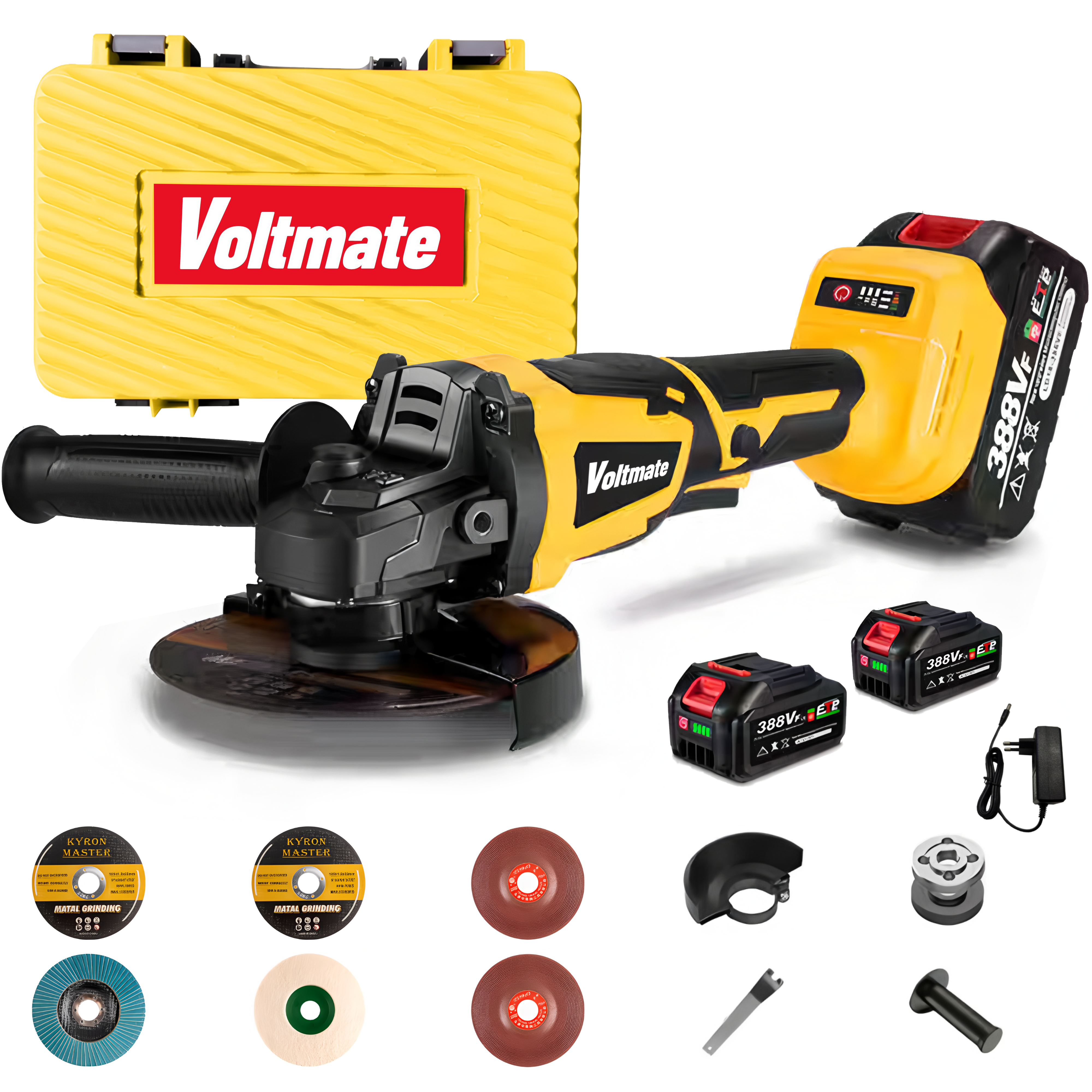 국내발송 VoltMate 독일 21V BLDC 무선 충전식 125mm 전동 브러시리스 그라인더 3단 조절 가능 전력량 표시 연마기/광택기 3000mAh 배터리 2개 세트, 1세트 119,850원