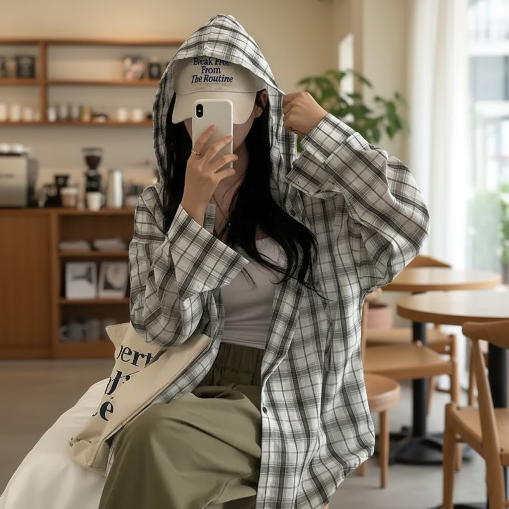 더그랜 여성 체크 후드 셔츠 루즈핏 긴팔 데일리 레이어드 후드 남방 자켓 18,900원